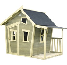 Spielhaus aus Holz mit überdachter Veranda und Fenstern
