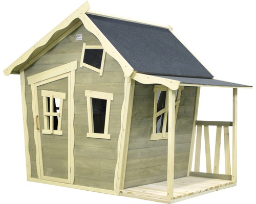 Spielhaus aus Holz mit überdachter Veranda und Fenstern