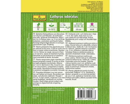 Samenpackung Duftwicke Mix von FloraSelf mit Informationen zur Aussaat und Pflege