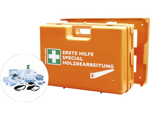 Erste Hilfe Koffer für Holzbearbeitung mit Inhaltsübersicht