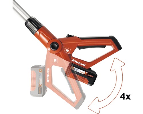 Einhell Logo. Darstellung der vierfachen Verstellbarkeit des Akku-Rasentrimmers.