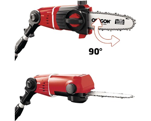 Zwei Ansichten einer Hochentaster Kettensäge mit um 90 Grad drehbarem Sägekopf.