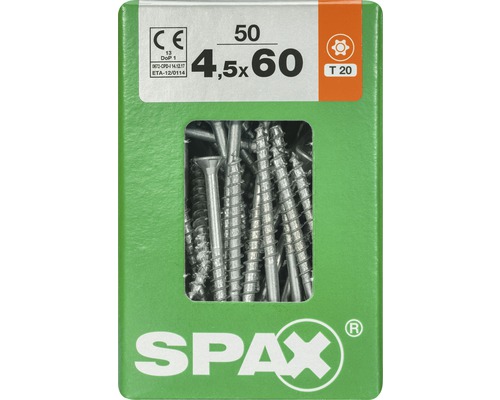 Spax Universalschraube T-STAR plus Senkkopf TX Teilgewinde 4,5x60 mm WIROX 50 Stück Schrauben der Größe 4,5x60 Millimeter in einer grünen Spax-Verpackung.