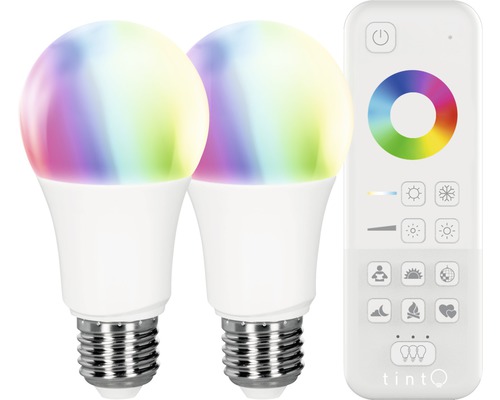 2x tint Starter-Set Smarte LED Lampe A60 E27/9,5W(60W) 806 lm 1800- 6500 K warmweiß- tageslichtweiß + RGB Farbwechsel mit Fernbedienung