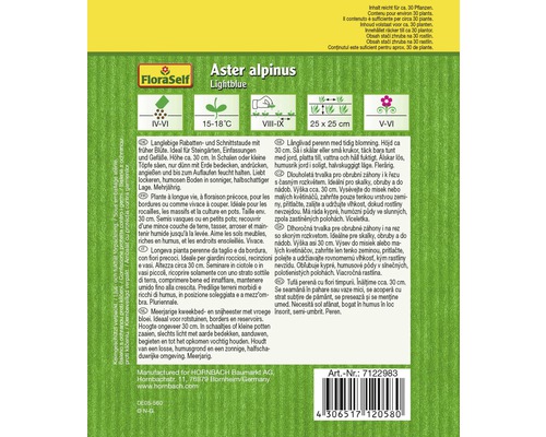 Verpackung von FloraSelf Aster alpinus Lightblue Samen, geeignet für Steingärten und Rabatten
