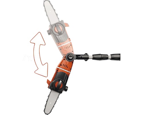 Verstellbare Akku-Hochentaster zur Baumpflege mit Pfeil, der die Flexibilität des Werkzeugs hervorhebt