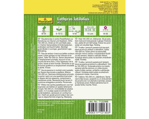 Verpackung für Lathyrus latifolius-Samen mit Informationen zu Anbau und Eigenschaften