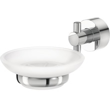 Seifenschale zur Wandmontage mit Halterung aus Metall und Seifenablage aus Glas
