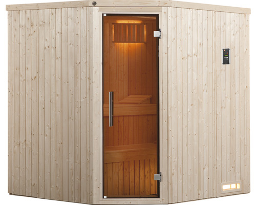 Ecksauna aus Holz mit Glastür und Bedienfeld