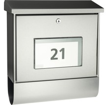 Briefkasten aus Edelstahl mit Sichtfenster und Hausnummer 21