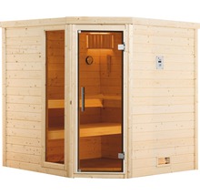 Ecksauna aus Holz mit Glastür und Bedienfeld