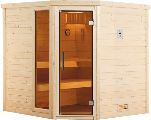 Ecksauna aus Holz mit Glastür und Bedienfeld