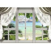 Fototapete mit Fensterrahmen, Blick auf Segelschiffe und Palmen