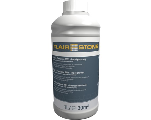 Flairstone 3001 Imprägnierungsmittel in einer Ein-Liter-Flasche zum Schutz von Beton und Naturstein im Außenbereich