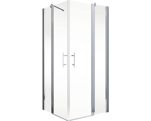 Eckdusche mit klaren Glaswänden und Griffen