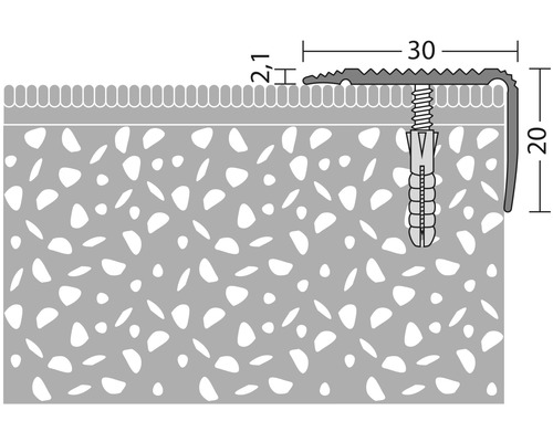 Illustration eines Treppenkantenprofils mit Maßangaben und Befestigung an einer Treppenstufe