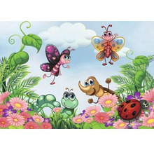 Illustration mit Insekten im Garten zwischen Blumen