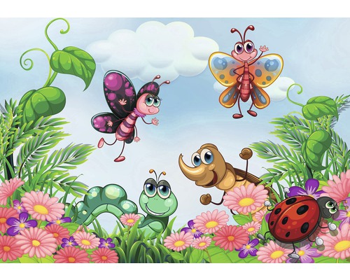 Fototapete Vlies 11409 VEXXL Insektenkinder grün blau 3-tlg. 312 x 219 cm Illustration mit Insekten im Garten zwischen Blumen
