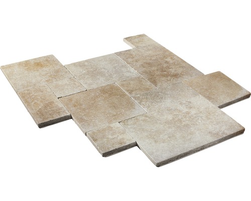 FLAIRSTONE Travertin Terrassenplatten Roma römischer Verband Set = 1,48 m² Mosaikfliesenmuster aus Steingut für Wand und Boden