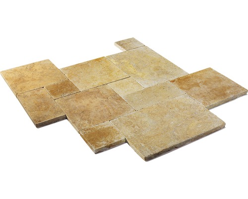 FLAIRSTONE Travertin Terrassenplatte Venezia römischer Verband Set = 1,44 m² Verbund aus Travertin-Fliesen für den Innen- und Außenbereich