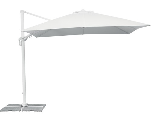 Ampelschirm Schneider Rhodos Twist Bianco 300 x 300 cm H 264 cm weiß Freiarmschirm mit Betonsockel für den Außenbereich