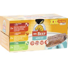Mr. Beef Adult Hundefutter Pate Packung mit Truthahn, Herz, Geflügel, Leber, Kalb und Lamm, zuckerfrei, 6 mal 300 Gramm