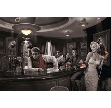 Szene in einem stilvollen Café mit James Dean, Marilyn Monroe und Elvis Presley.