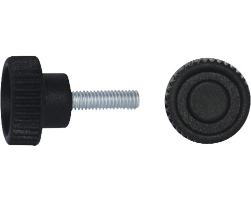 Rändelgriffschraube Ø 35 mm M6x47,5 schwarz Rändelschraube mit Gewindeanschluss, Seiten- und Frontansicht