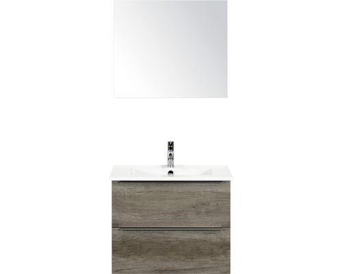 Badmöbel-Set Sanox Pulse BxHxT 71 x 170 x 51 cm Frontfarbe nebraska oak mit Waschtisch Keramik weiß und Waschtischunterschrank Waschtisch Spiegel