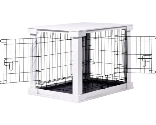 Hundebox mit zwei offenen Gittertüren und weißem Rahmen