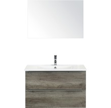 Badmöbel-Set Sanox Pulse BxHxT 91 x 170 x 51 cm Frontfarbe nebraska oak mit Waschtisch Keramik weiß und Waschtischunterschrank Waschtisch Spiegel-thumb-0