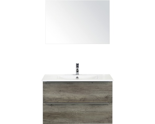 Badmöbel-Set Sanox Pulse BxHxT 91 x 170 x 51 cm Frontfarbe nebraska oak mit Waschtisch Keramik weiß und Waschtischunterschrank Waschtisch Spiegel-0