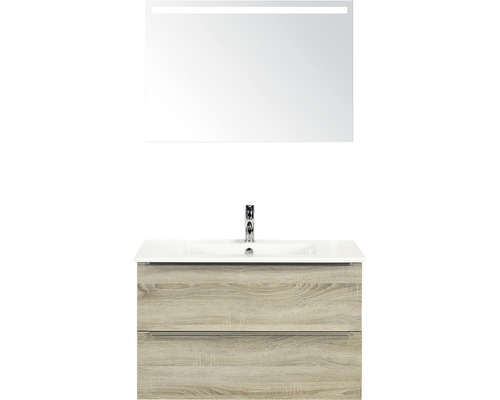 Badmöbel-Set Sanox Pulse BxHxT 91 x 170 x 51 cm Frontfarbe eiche grau mit Waschtisch Keramik weiß und Waschtischunterschrank Waschtisch Spiegel mit LED-Beleuchtung