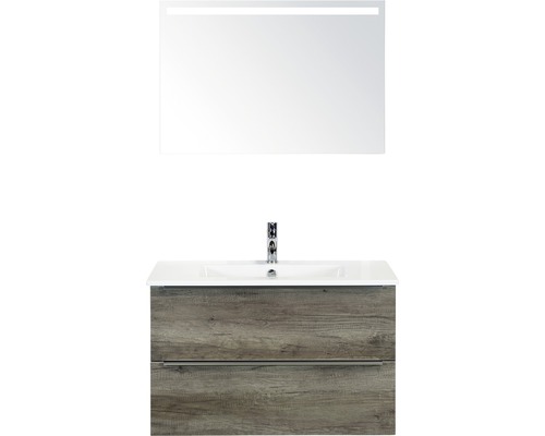 Badmöbel-Set Sanox Pulse BxHxT 91 x 170 x 51 cm Frontfarbe nebraska oak mit Waschtisch Keramik weiß und Waschtischunterschrank Waschtisch Spiegel mit LED-Beleuchtung