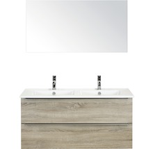 Badmöbel-Set Sanox Pulse BxHxT 121 x 170 x 51 cm Frontfarbe eiche grau mit Waschtisch Keramik weiß und Waschtischunterschrank Doppelwaschtisch Spiegel-thumb-0