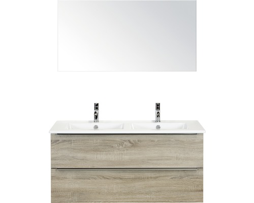 Badmöbel-Set Sanox Pulse BxHxT 121 x 170 x 51 cm Frontfarbe eiche grau mit Waschtisch Keramik weiß und Waschtischunterschrank Doppelwaschtisch Spiegel-0