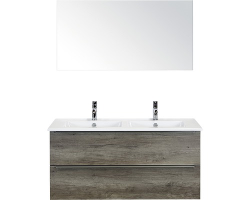 Doppelbadmöbel Sanox Pulse BxHxT 121 x 170 x 51 cm Frontfarbe nebraska oak mit Waschtisch Keramik weiß und Waschtischunterschrank Doppelwaschtisch Spiegel Griff chrom matt 84725824