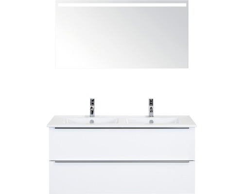 Badmöbel-Set Sanox Pulse BxHxT 121 x 170 x 51 cm Frontfarbe weiß hochglanz mit Waschtisch Keramik weiß und Waschtischunterschrank Doppelwaschtisch Spiegel mit LED-Beleuchtung-0