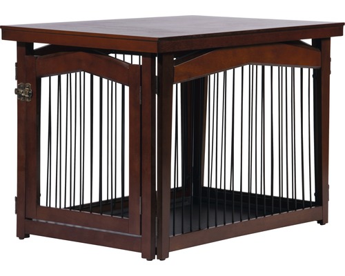 Hundebox aus Holz mit Metallstäben und Tür