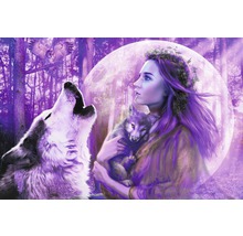 Illustration einer Frau mit Wolfswelpen, Wolf und Eule vor einem Wald und Mond