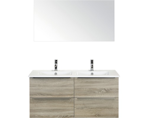 Doppelbadmöbel Sanox Pulse BxHxT 121 x 170 x 51 cm Frontfarbe eiche grau mit Waschtisch Keramik weiß und Waschtischunterschrank Doppelwaschtisch Spiegel Griff chrom matt 84726116