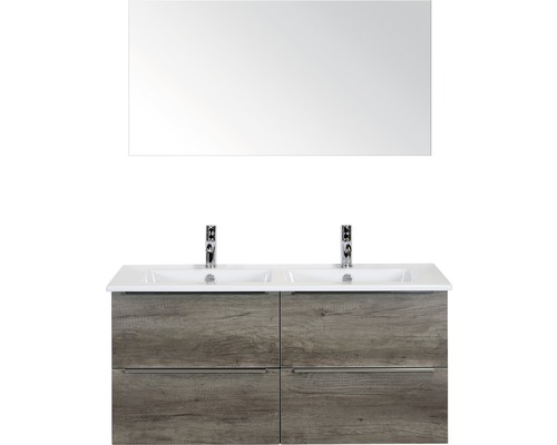 Badmöbel-Set Sanox Pulse BxHxT 121 x 170 x 51 cm Frontfarbe nebraska oak mit Waschtisch Keramik weiß und Waschtischunterschrank Doppelwaschtisch Spiegel-0