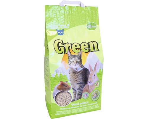 Sack Katzenstreu aus Holzpellets mit Bildern von Katze, Kaninchen und Meerschweinchen