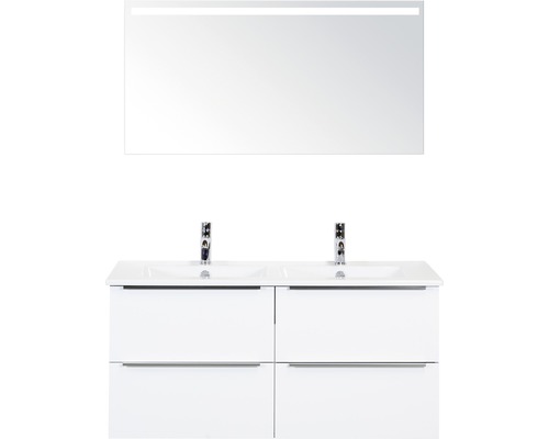 Doppelbadmöbel Sanox Pulse BxHxT 121 x 170 x 51 cm Frontfarbe weiß hochglanz mit Waschtisch Keramik weiß und Waschtischunterschrank Doppelwaschtisch Spiegel mit LED-Beleuchtung Griff chrom matt 84726201