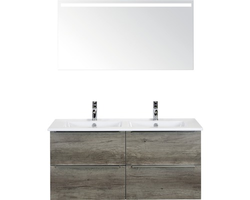 Doppelbadmöbel Sanox Pulse BxHxT 121 x 170 x 51 cm Frontfarbe nebraska oak mit Waschtisch Keramik weiß und Waschtischunterschrank Doppelwaschtisch Spiegel mit LED-Beleuchtung Griff chrom matt 84726224