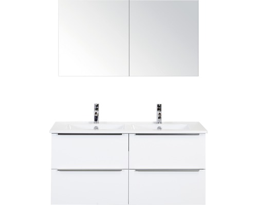 Doppelbadmöbel Sanox Pulse BxHxT 121 x 170 x 51 cm Frontfarbe weiß hochglanz mit Waschtisch Keramik weiß Griff chrom matt 84726301