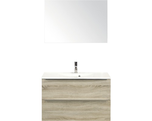 Badmöbel-Set Sanox Pulse BxHxT 90 x 170 x 50 cm Frontfarbe eiche grau mit Waschtisch Mineralguss weiß und Waschtischunterschrank Waschtisch Spiegel