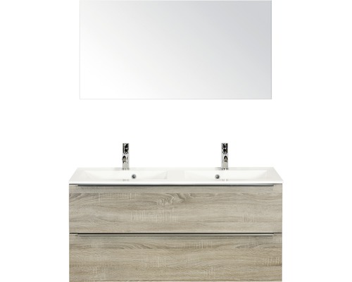 Badmöbel-Set Sanox Pulse BxHxT 120 x 170 x 50 cm Frontfarbe eiche grau mit Waschtisch Mineralguss weiß und Waschtischunterschrank Doppelwaschtisch Spiegel-0