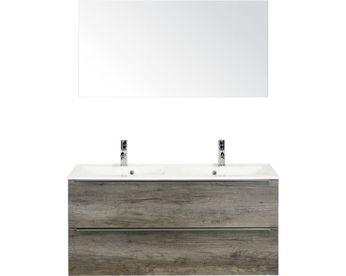 Doppelbadmöbel Sanox Pulse BxHxT 120 x 170 x 50 cm Frontfarbe nebraska oak mit Waschtisch Mineralguss weiß und Waschtischunterschrank Doppelwaschtisch Spiegel Griff chrom matt 84727024