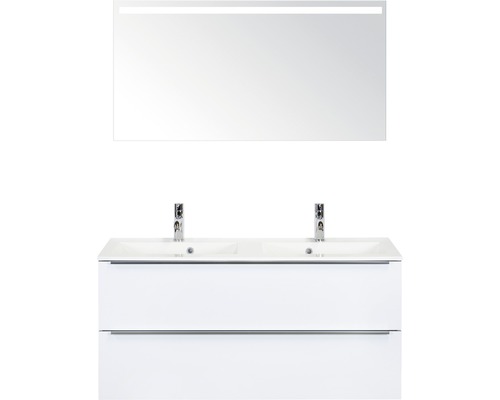 Doppelbadmöbel Sanox Pulse BxHxT 120 x 170 x 50 cm Frontfarbe weiß hochglanz mit Waschtisch Mineralguss weiß und Waschtischunterschrank Doppelwaschtisch Spiegel mit LED-Beleuchtung Griff chrom matt 84727101